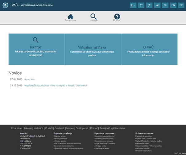 Vstopna stran spletne aplikacije virtualne arhivske čitalnice.