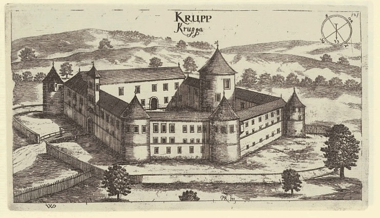 Sepia fotografija načrta gradu Krupa.
