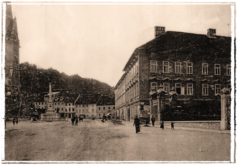 Razglednica Trga Sv. Jakoba s cerkvijo in Gruberjeva palača. Ljubljana, 19. stoletje. SI AS 1085, Zbirka razglednic, voščilnic in fotografij starejšega izvora, p. e. 88.