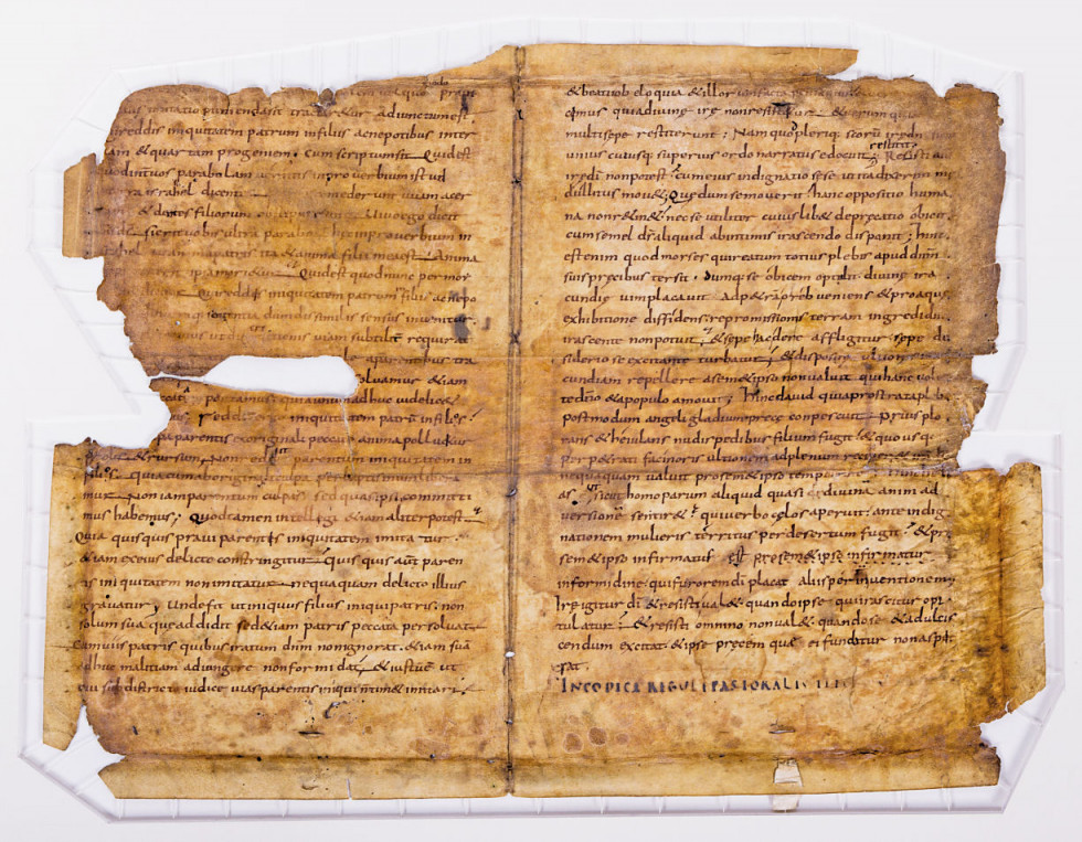 A fragment of the transcription of pastoral care by Gregory the Great – dating back to the second quarter of the 9th century, it is the oldest archival record kept in Slovenian archives. SI AS 1073, Zbirka rokopisov, II-1r.