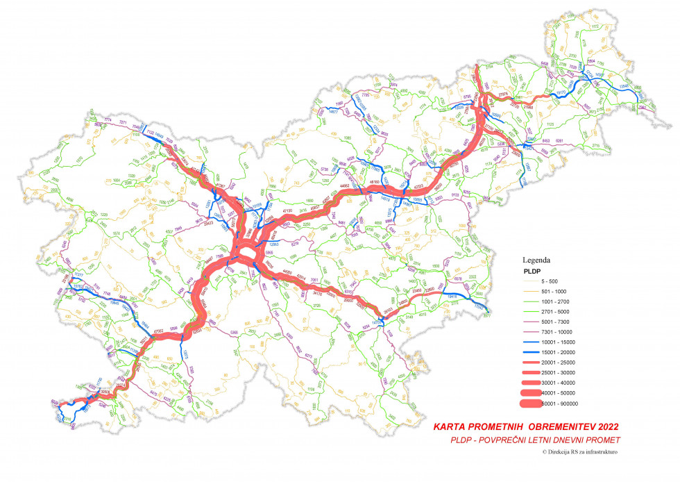 Karta s prikazanimi prometnimi obremenitvami na državnem cestnem omrežju.