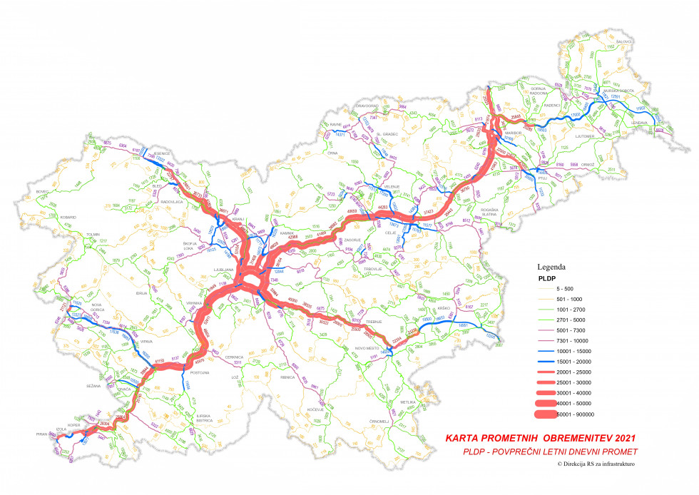 Karta prometnih obremenitev v letu 2021