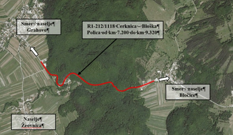 Zemljevid - Potek trase rekonstrukcije ceste
