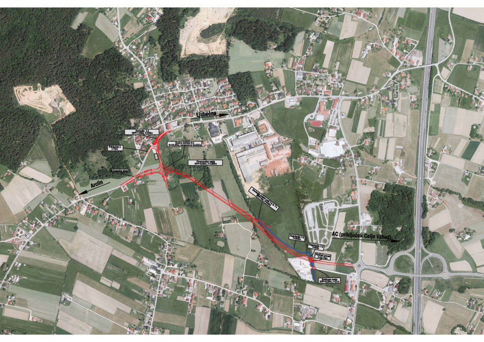 Zemljevid poteka trase nove ceste Ljubečna-AC (Celje Vzhod)