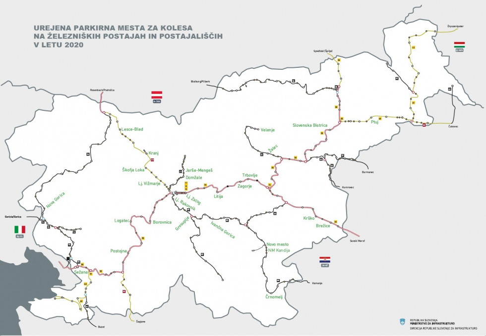 Zemljevid s 27 lokacijami urejenih parkirnih mest za kolesa na območju železniških postaj in postajališč