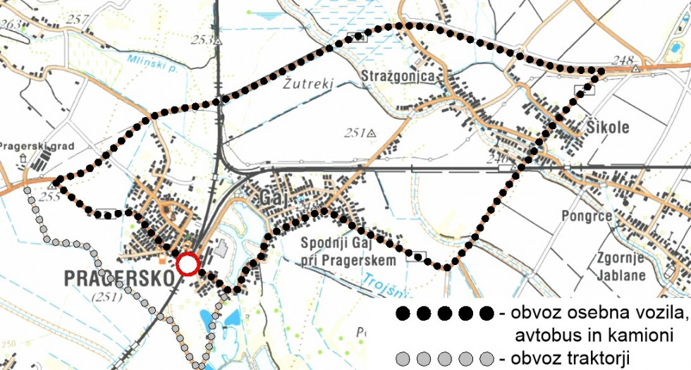 Zemljevid s prikazom obvoza za osebna vozila, avtobuse, tovornjake in traktorje na območju Pragerskega