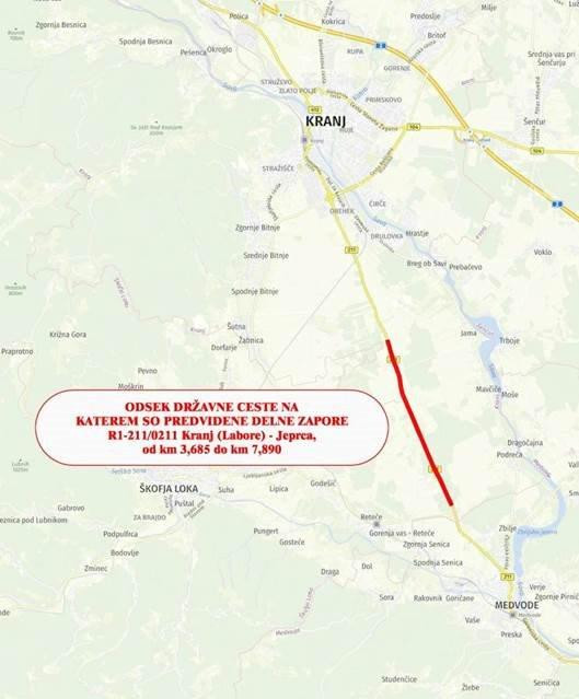 Zemljevid z odsekom ceste, na katerem so predvidene delne zapore na R1-211/0211 Kranj (Labore) - Jeprca