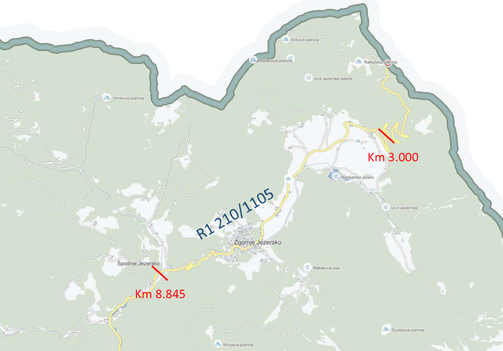 Zemljevid z označenim pričetkom in koncem obravnavanega odseka