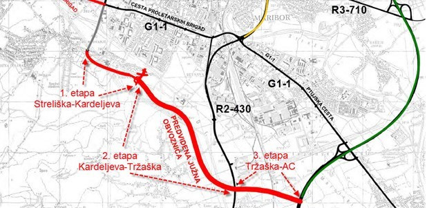 Skica na kateri so predstavljene vse 3 etape obvoznice