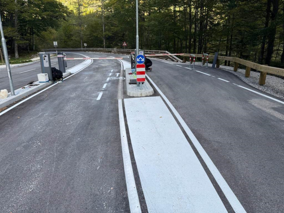 Slika prikazujelevi pas je namenjen vsem vozilom, ki ne nameravajo parkirati vozil na 700 m odseku ceste na vrhu vršiškega prelaza, motoristom in kolesarjem. Desni pas je namenjen potnikom, ki želijo parkirati na vrhu prelaza