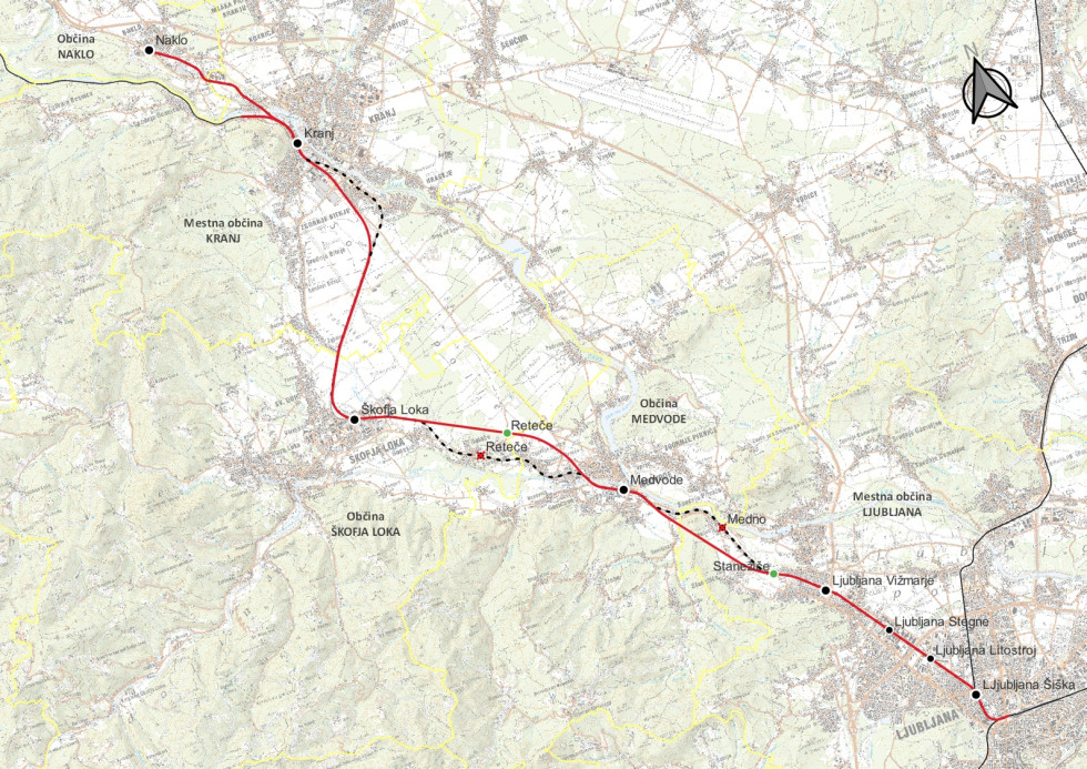 Zemljevid načrtovane železniške povezave med Ljubljano, Medvodami, Škofjo Loko, Kranjem in Naklim.