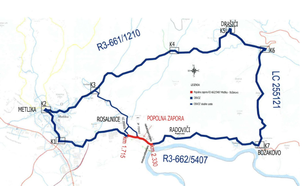 Obvoz  v času popolne zapore Metlika-Božakovo