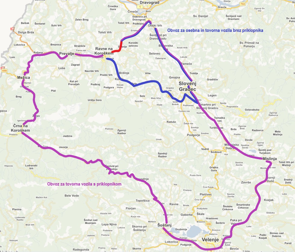 Obvoz v času popolne zapore ceste Ravne-Dravograd