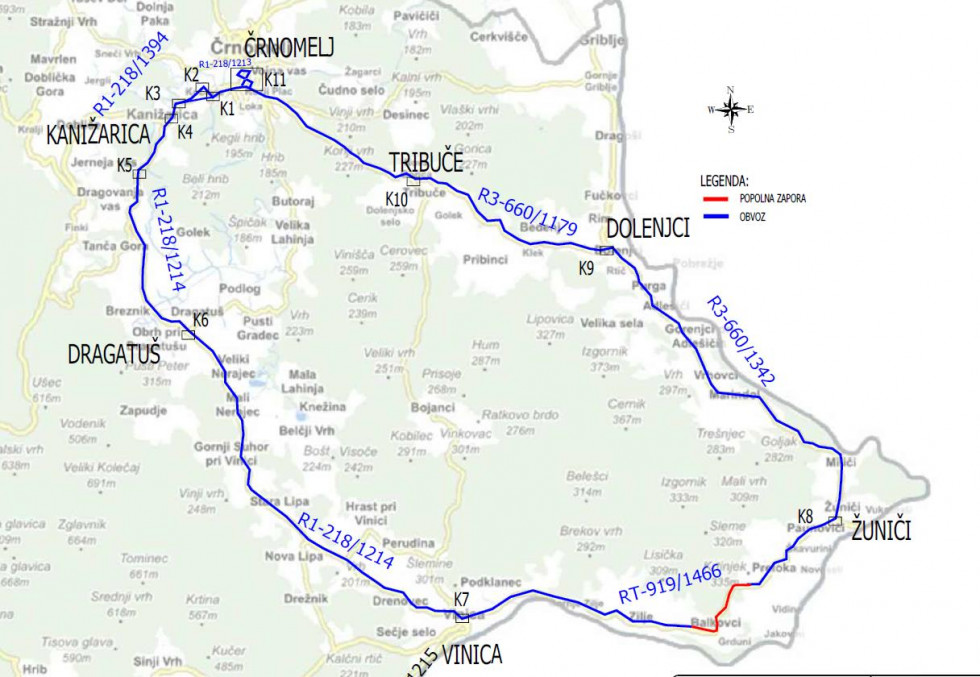 Zemljevid obvoza v času zapore ceste Žuniči-Vinica