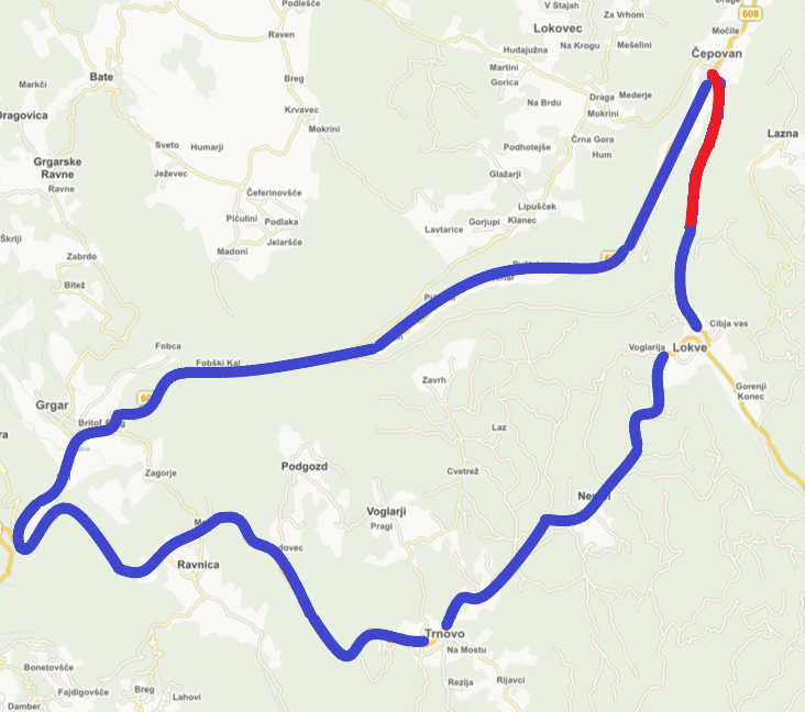 Obvoz v času popolne zapore ceste Lokve-Čepovan