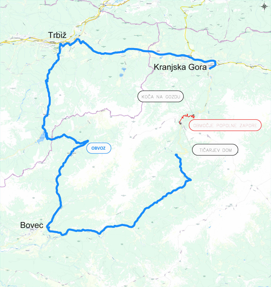 Skica delne in popolne zapore regionalne ceste na Vršič