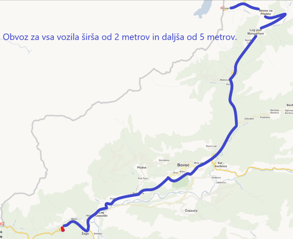 Obvoz za vsa vozila širša od 2 metra in daljša od 5 metrov