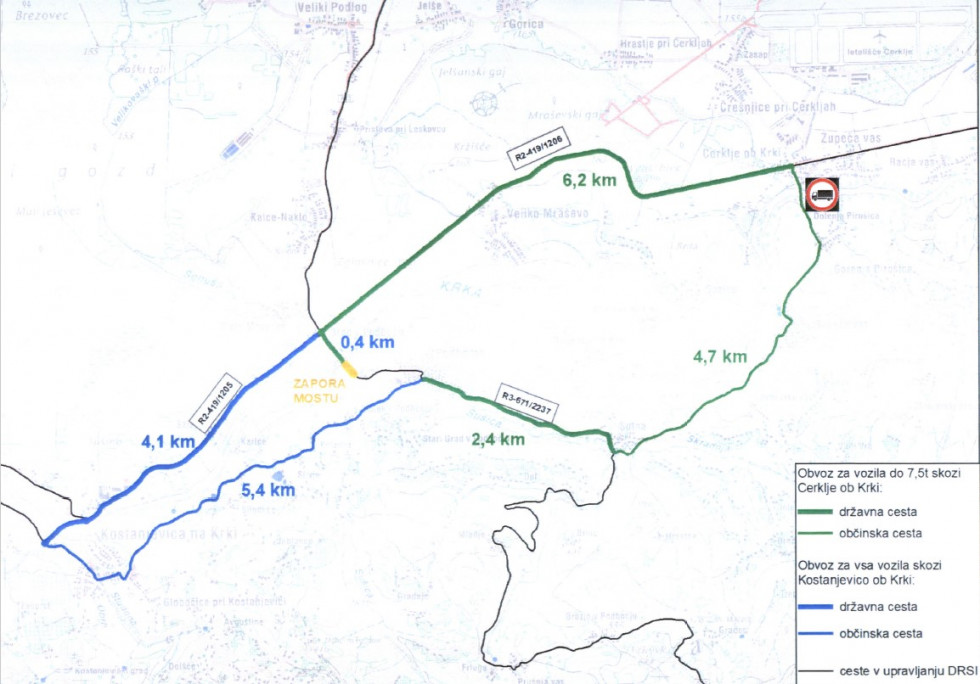Zemljevid z označeno zaporo ceste in potekom obvoza