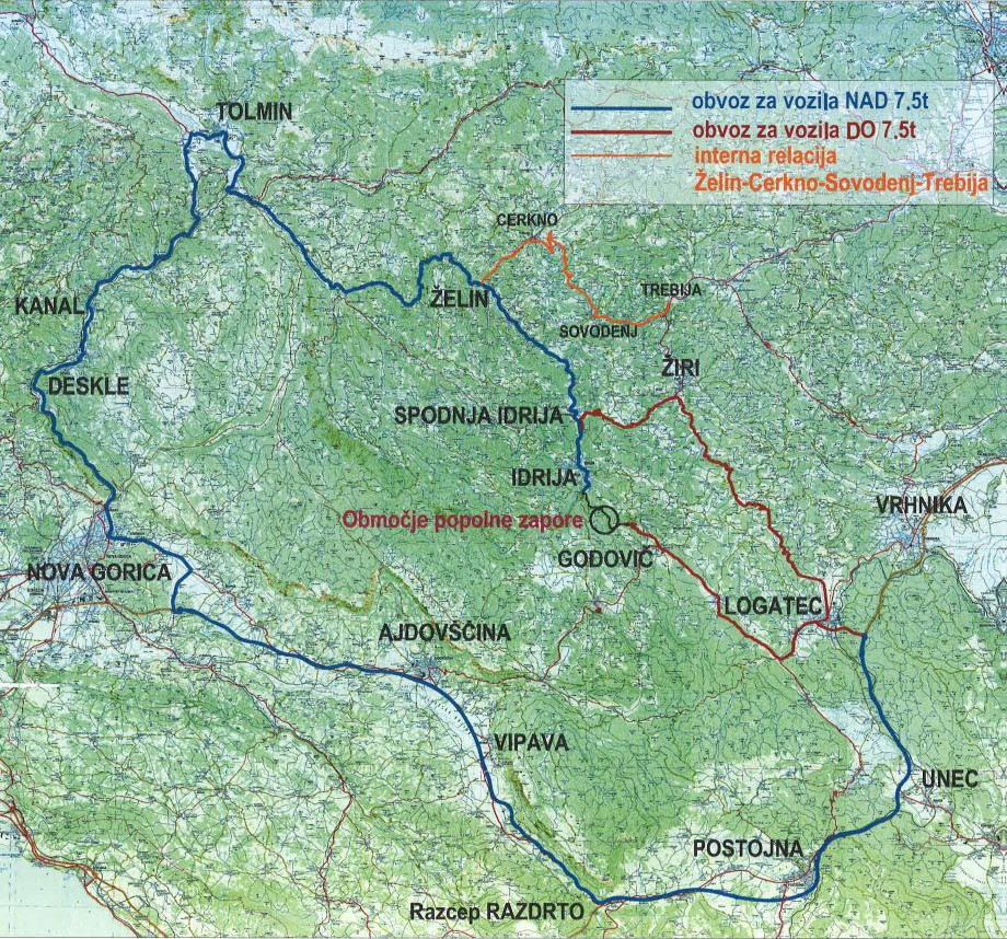 Zemljevid z označeno popolno zaporo ceste med Godovičem in Idrijo zaradi gradnje galerije Jelični vrh (Zala)