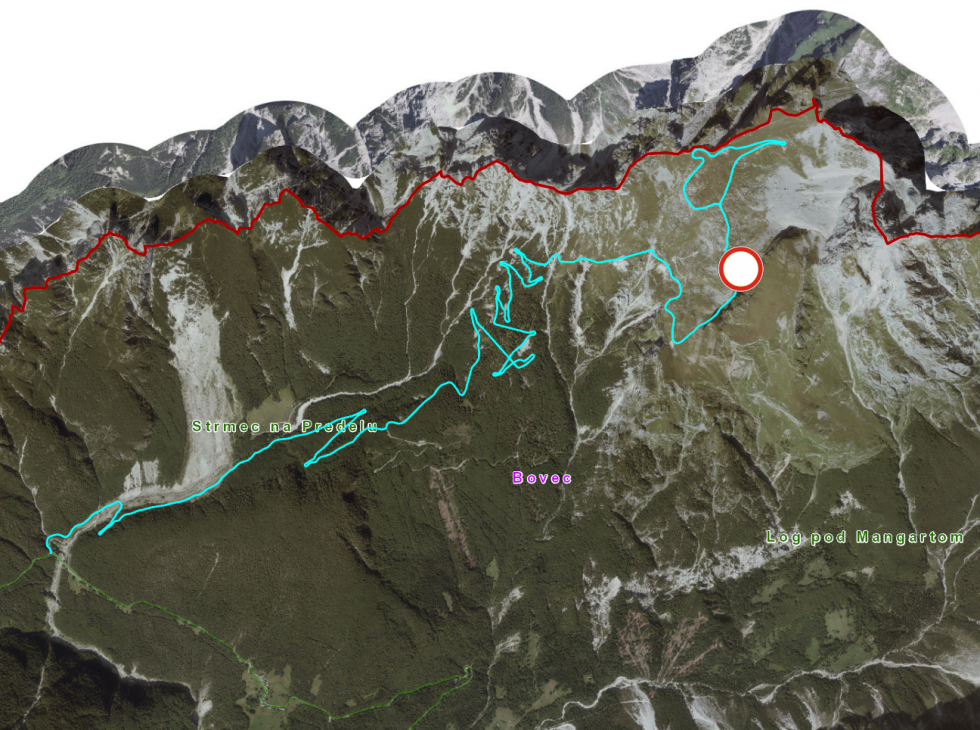 Zemljevid poteka ceste na Mangart z označeno zaporo ceste
