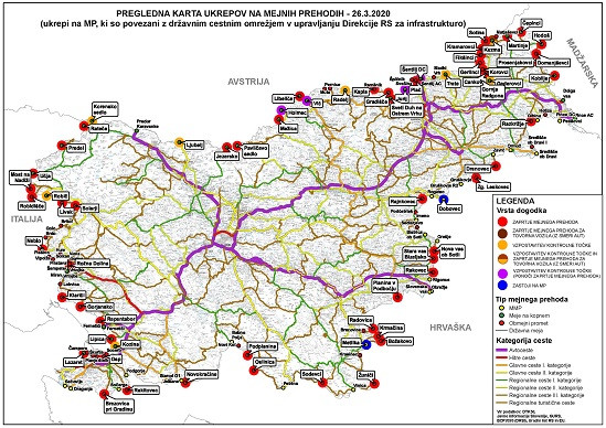 Zemljevid Slovenije z označenimi mejnimi prehodi v času epidemije
