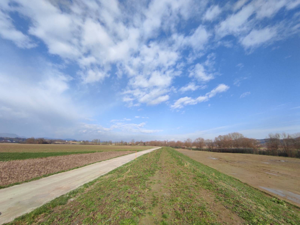 Njive in travnik. Ob travniku ozka cesta. Modro nebo z belimi oblaki.