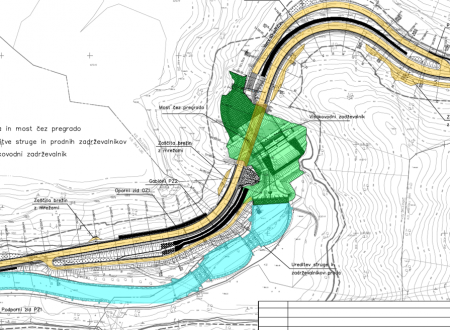 Načrt z vrisano cesto in mostom, ureditev struge in zadrževalniki