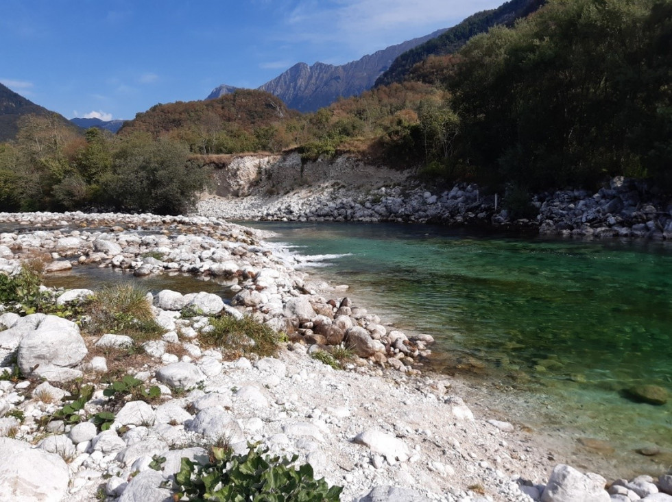 Pogled na erozijsko razjedo reke Soče na območju občine Kobarid.