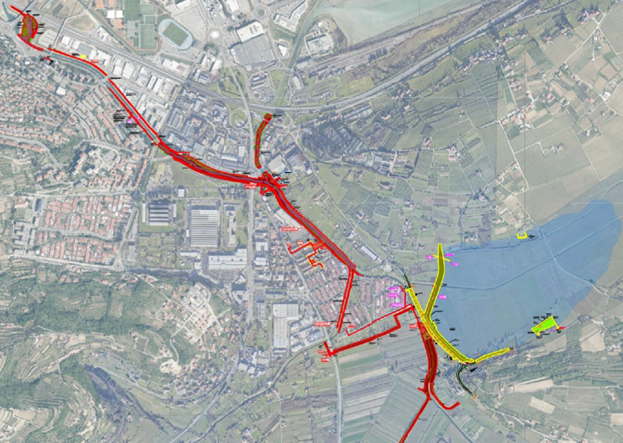 Satelitski posnetek območja Badaševice, kjer so z rdečo črto označene lokacije ureditev 1. faze projekta, z rumeno pa lokacije ureditve 2. faze.