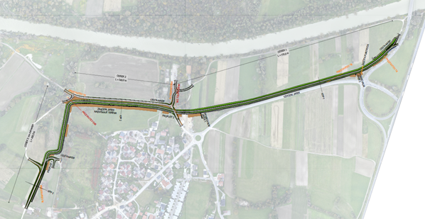 Tehnična slika visokovodnega nasipa na območju Sneberij - tloris.