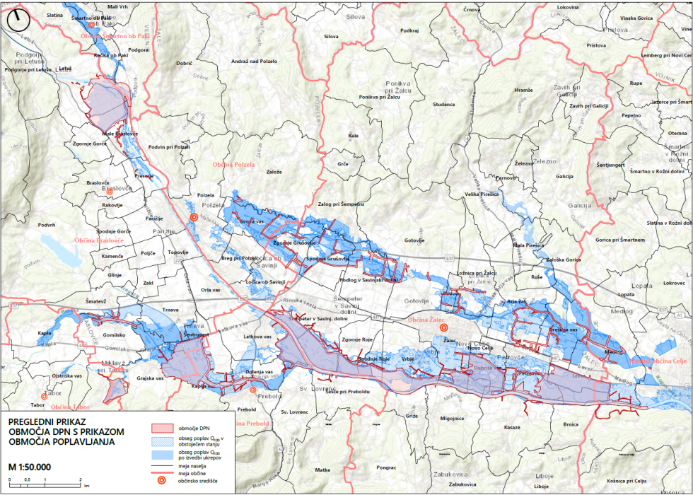 Na zemljevidu območja v Spodnji Savinjski dolini, ki so predmet DPN, doline so z modro barvo označena območja poplavljanja.