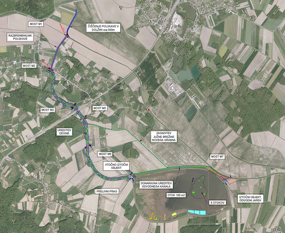 Zemljevid, kjer so s črtami in besedilom označene lokacije predvidenih protipoplavnih ureditev.