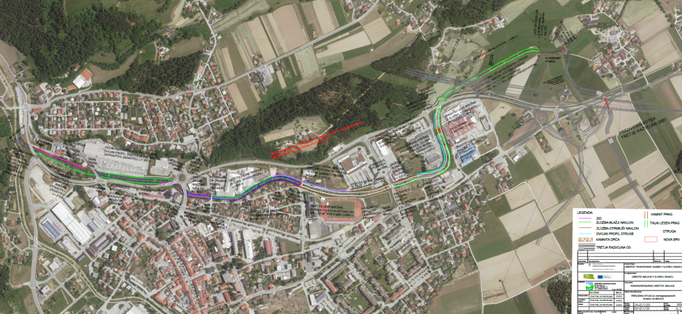Zemljevid dela Slovenj Gradca, kjer so označene predvidene protipoplavne ureditve ob reki Mislinji