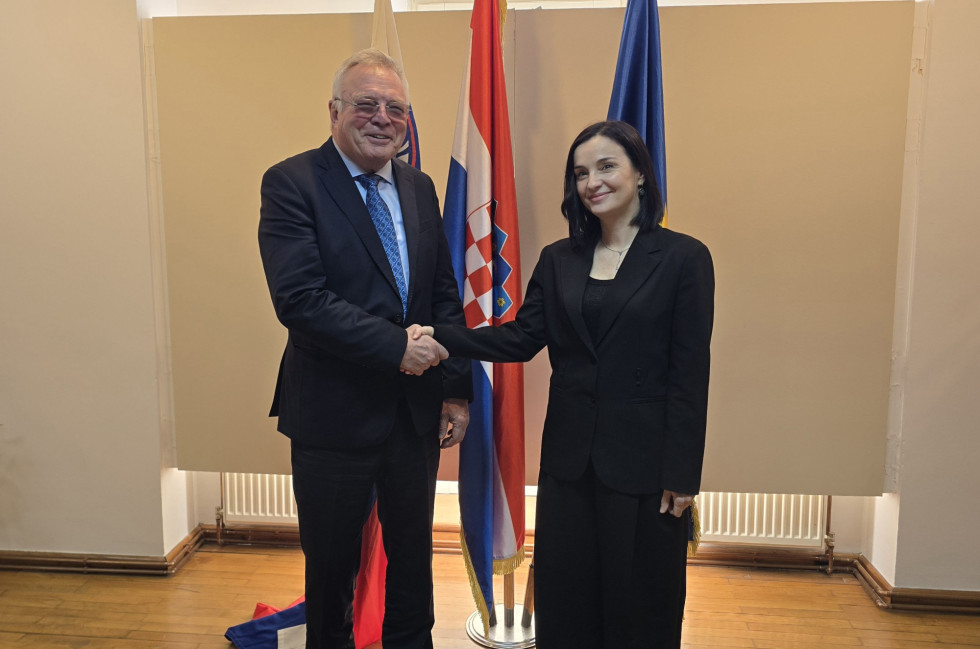 Minister Jože Novak and Minister Marija Vučković shaking hads in front of national flags.