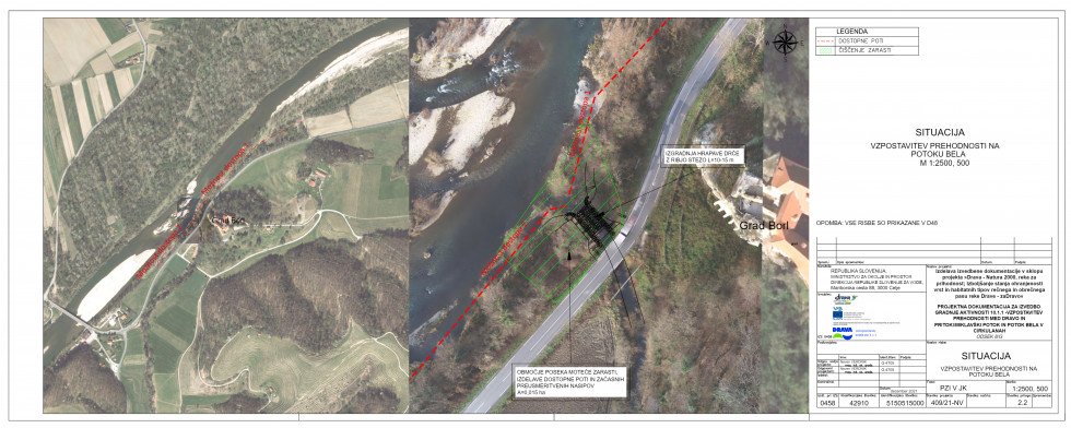 Slika prikazuje PZI načrt predvidenih ureditev na območju potoka Bela.