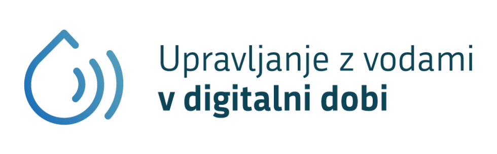 Logotip mednarodne konference Upravljanje z vodami v digitalni dobi: Priložnosti in izzivi, ki bo 4. in 5. 11. 2025 v Portorožu. Na levi strani stilsko oblikovana kaplja vode, na desni strani izpisano ime konference.