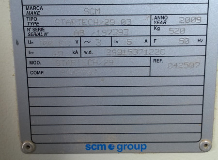 (aluminijasta) tablica s specifikacijami lesnoobdelovalnega stroja "MOZNIČARKA" SCM, model STARTECH 29