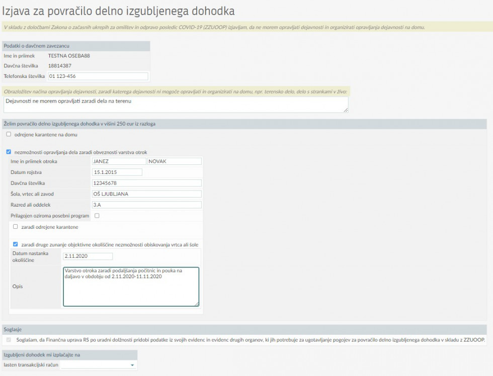 Primer izpolnjene izjave za delno povračilo izgubljenega dohodka. Izjava je izpolnjena na način, kot je opisan v tej novici.