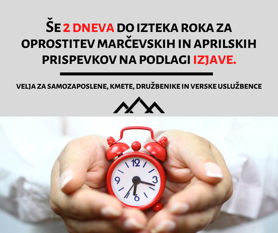  Še 2 dneva do izteka roka za oprostitev marčevskih in aprilskih prispevkov na podlagi IZJAVE