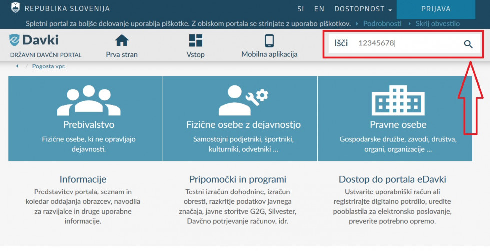 Vnos davčne številke v portal eDavki za informacijo o bonih