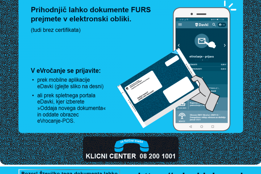 Izgled zunanje strani informativnega izračuna dohodnine, na kateremm je prikazan mobilni telefon in informativni izračun dohodnine