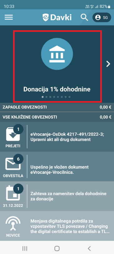 Posnetek prve strani mobilne aplikacije eDavki, kjer je obkroženo polje za namenitev dela dohodnine za donacije