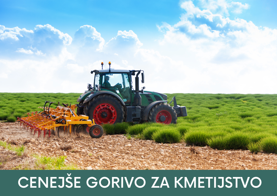 Traktor orje njibo, spodaj pa napis: Cenejše gorivo za kmetijstvo