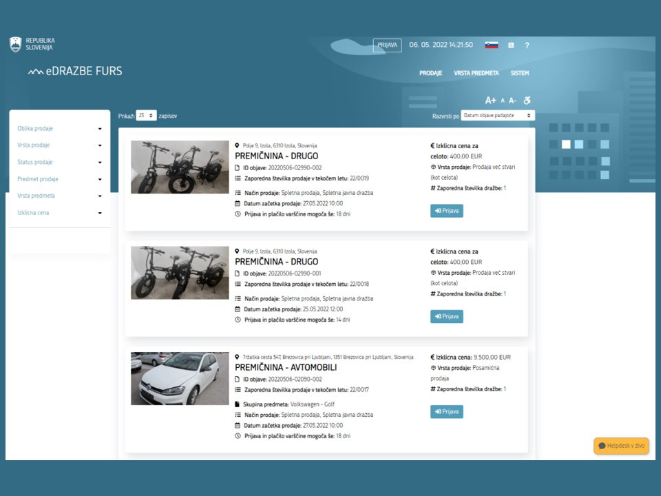 Posnetek prve strani portala eDrazbe Finančne uprave, na kateren se trenutno dražijo električna kolesa in osebni avtomobil