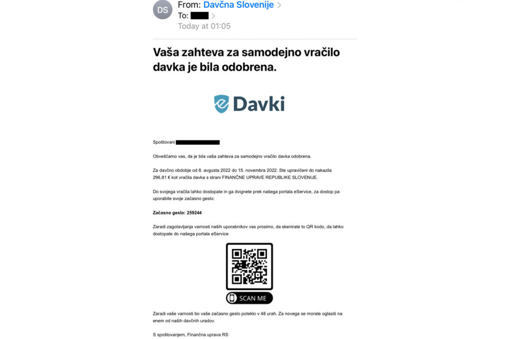Lažno sporočilo z besedilom: Vaša zahteva za samodejno vračilo davka je bila odobrena in QR kodo.