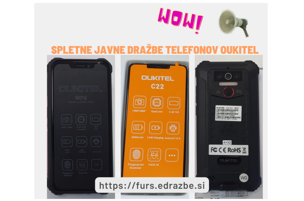 Trije mobilni telefoni znamke Oukitel, zgoraj pa napis: Spletne javne dražbe telefonov Oukitel