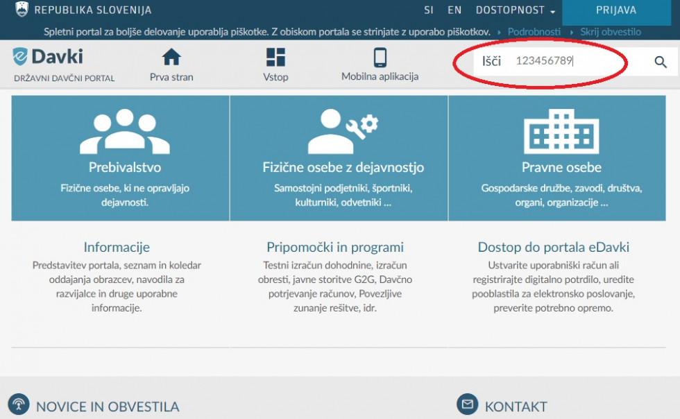 Posnetek zaslona spletne strani eDavki, kjer je z rdečo barvo označeno polje iskalnika, kamor se vnese davčna številka zavezanca