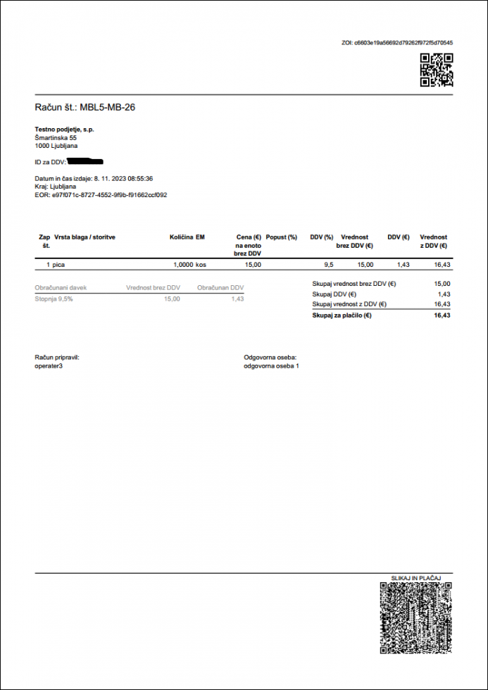 Primer računa iz MiniDavčne blagajne, na katerem so simbolično predstavljene vse rubrike, ki so po zakunu potrebne za izstavljen račun. Desno spodaj pa je dodana QR koda.
