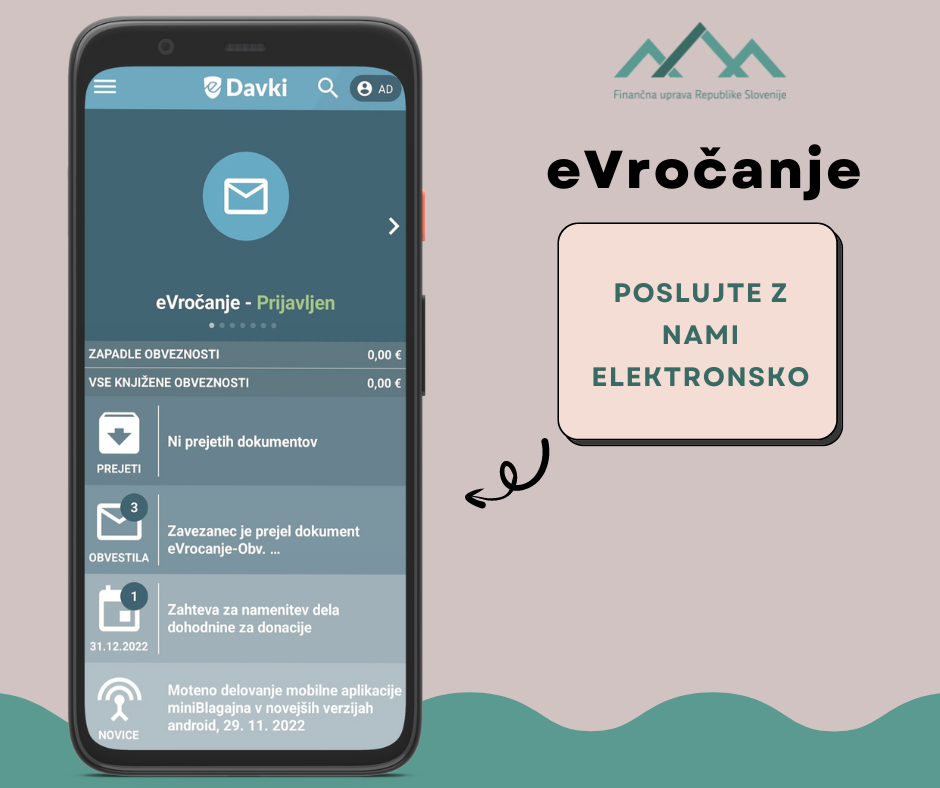 Slika je simbolična: mobilni telefon z naloženo aplikacijo eDavki in zraven napis: eVročanje