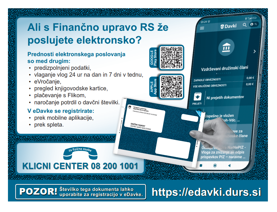 Izgled zunanje strani Informativnega izračuna dohodnine, na katerem je fotografija mobilnega telefona, pošiljke informativnega izračuna dohodnine in  v petih alinejah naštete prednosti elektronskega poslovanja s finančno upravo.